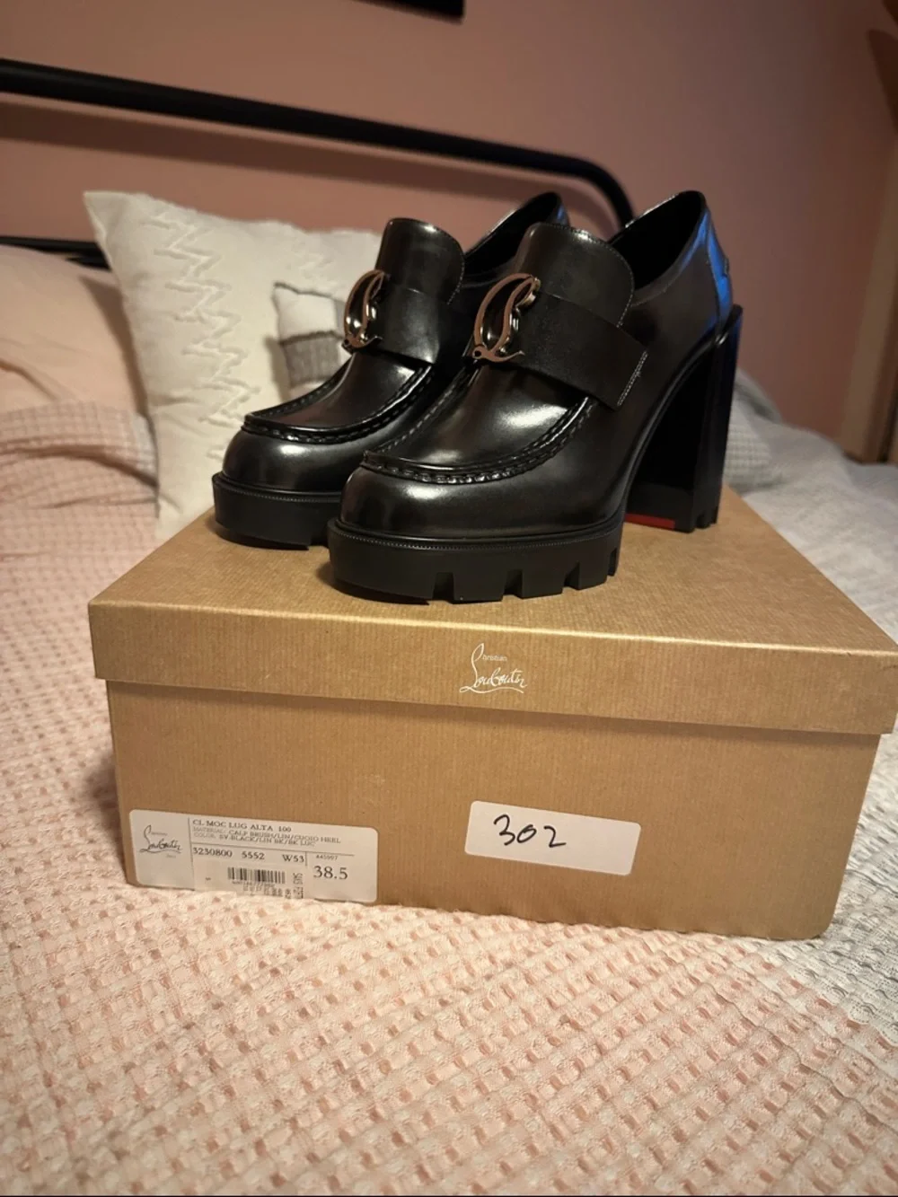 Christian Louboutin Moc Lug Alta 100 Black Leather Platform Loafers Size 38.5 - Picture 3 of 12